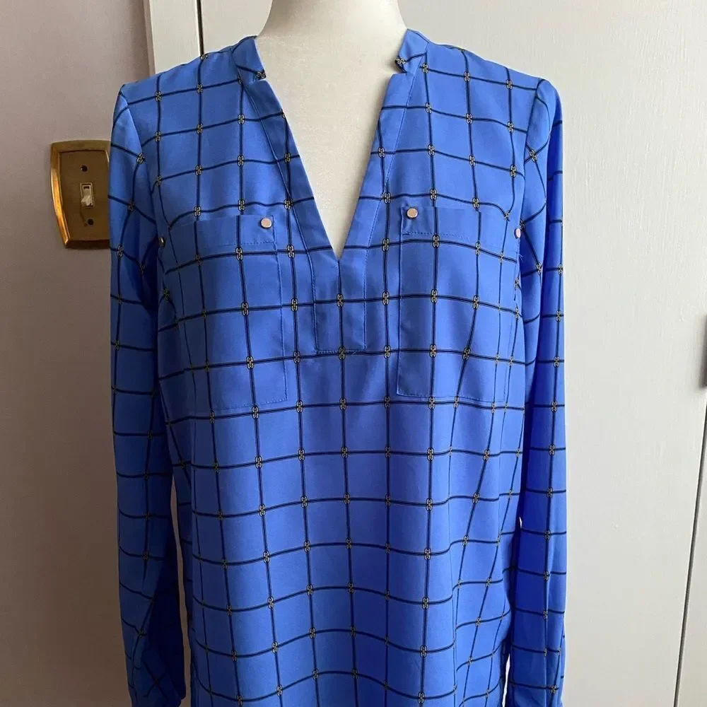 Michael Michael Kors Blue Black Gold Print V-Neck Long Sleeve Tunic Top Size S